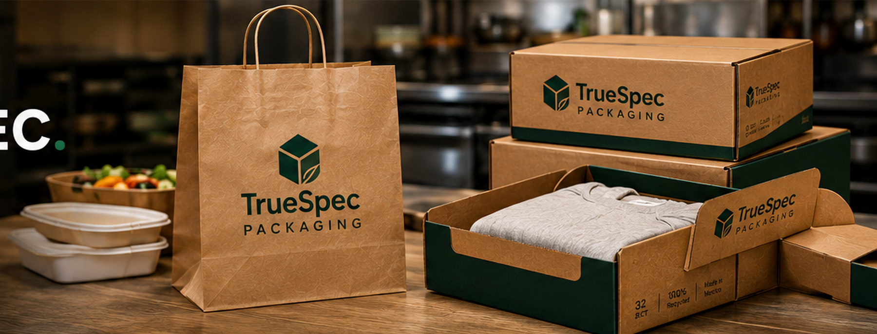 Kraft paper bags and corrugated mailer boxes in a commercial packing environment